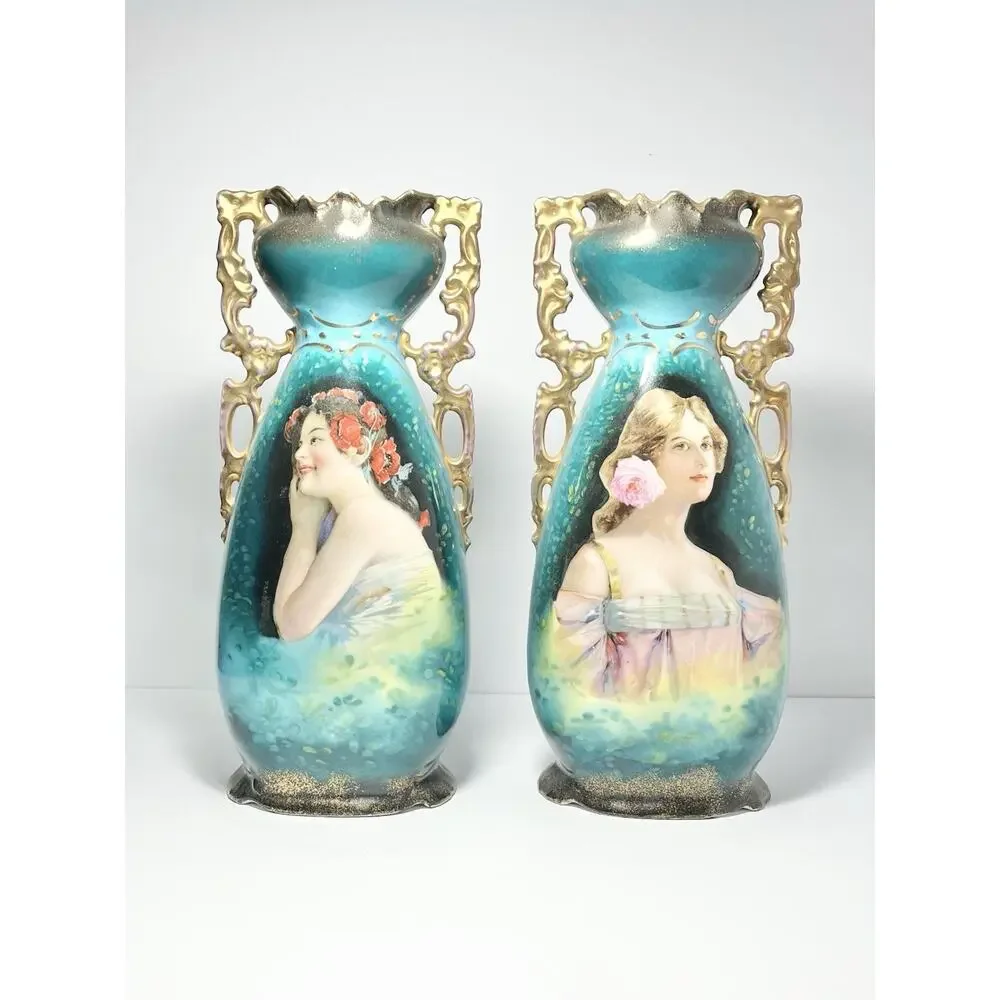 1890s Victoria Carlsbad Austria Art Nouveau 2 Art Nouveau Portrait Vases 11 5/8”